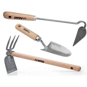 Kit de 3 herramientas de jardín, mango de madera, acero inoxidable y hierro