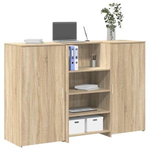 Mostrador de recepción de 155 x 50 x 103,5 cm, color gris cemento y madera