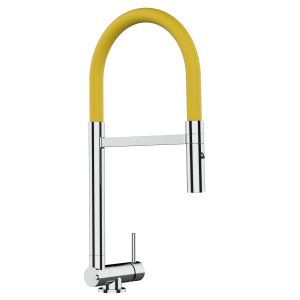 Grifo cocina abatible 4,5cm cromado caño flexible amarillo ducha 2chorros