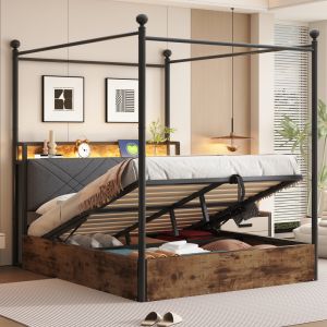 Cama doble 140x190cm con dosel desmontable, canapé y LED metal – negro
