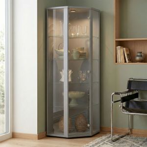 K-möbel vitrina esquina cristal de pie 176x56,5x56,5 cm, LED, plata