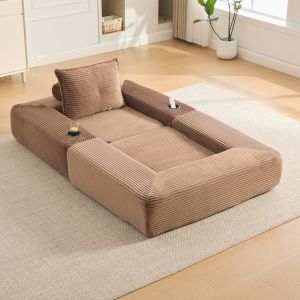 Sofá cama modular pana marrón 1 plaza con bolsillos y portavasos
