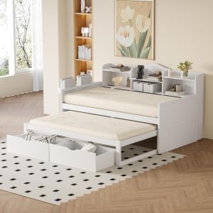 Cama 90x200cm con cama nido 90x190cm, 2 cajones, usb blanco