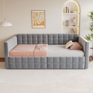 Cama sofá con 2 cajones, bolsillos laterales, 90x190cm, gris