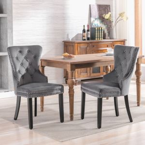Silla de comedor terciopelo gris set 2 con patas madera acolchado