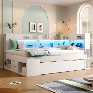 Cama multifuncional 140x200cm LED usb-c almacenaje madera blanco