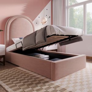 Cama individual 90x200cm con canapé y colchón terciopelo rosa