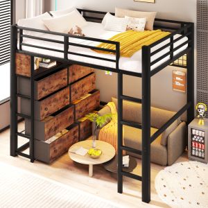 Cama alta 140x200cm con 8 cajones, LED y estantes negra