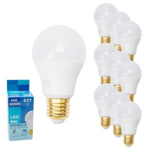 Pack 10 Bombillas LED E27 A60 9W Luz Fría 6000K Sin Parpadeo 900lm CRI>90