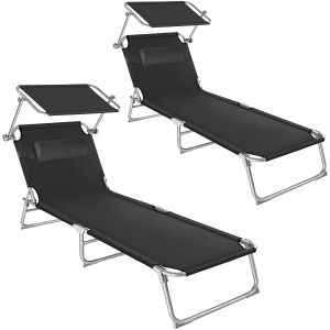2 tumbonas ajustables en 4 niveles con parasol y reposacabezas, negro