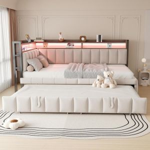 Sofá cama 90x200cm, de terciopelo beige, cama nido, LED, usb-c