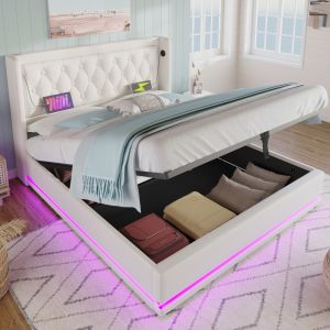 Cama doble tapizada 140x200cm con canapé hidráulico, usb-c y LED pu-blanco