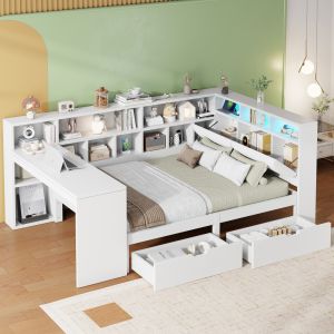 Cama 140x200cm multifuncional con escritorio, estantería y LED mdf – blanco