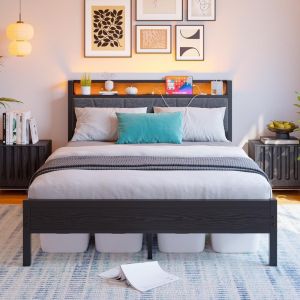 Cama doble 140x200 cm con LED, cabecero con almacenaje y usb, negra