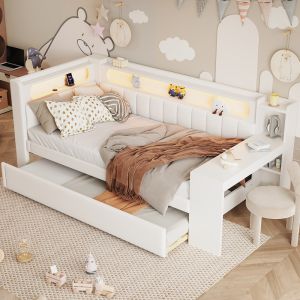 Cama acolchada con luces LED,90x200cm,blanco.