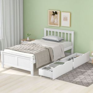 Cama individual 90x200 cm con cajones de almacenaje madera maciza – blanco