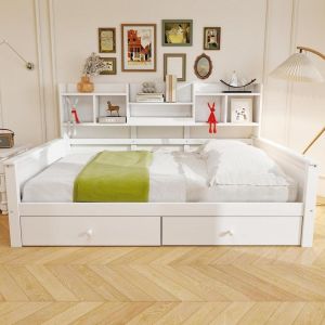 Canape convertible 90x200cm blanco con almacenaje y estantes