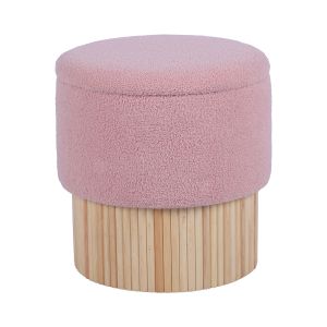 Puf tapizado rosa con base madera natural