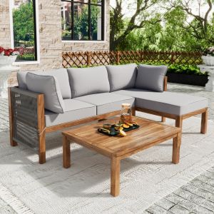 Conjunto sofás jardín 3 piezas acacia gris mesa cojines desenfundables