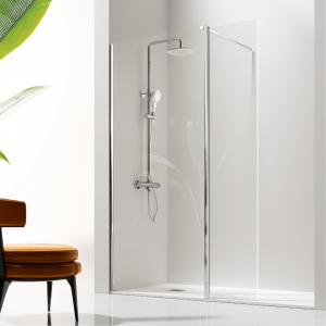 Panel fijo de ducha + puerta abatible giro  115 cm cristal transparente