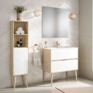 Mueble baño, lavabo, espejo y aplique LED noruega 70x45cm roble /blanco sus