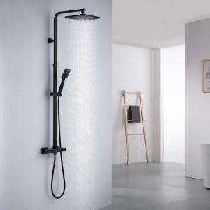 Columna de ducha termostática negra, set de ducha de 2 funciones con ducha