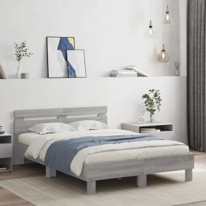Cama cabecero y luces LED gris sonoma 135x190 cm