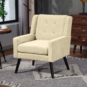 Sillón individual tapizado beige compacto con capitoné y patas de madera