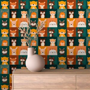 Papel baby bosque animales en recuadros naranja y verde 60cm por 300cm