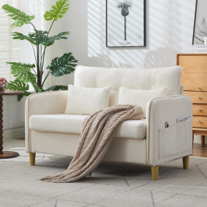 Sofá 2 plazas chenilla beige con bolsillos para salón y oficina