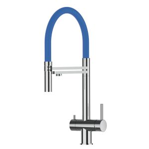 Grifo de cocina 4 vías acero inox ducha 2 chorros, pulido/azul