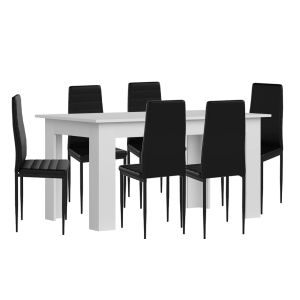 Pack mesa de comedor o cocina blanco + 6 sillas en polipiel/metal negro