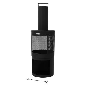 Chimenea de jardín exterior 131x45 cm redonda de acero negro, atizador