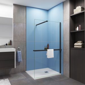Mampara de ducha fija con estante-100x200cm-vidrio 8mm-barra 73-120cm-negro