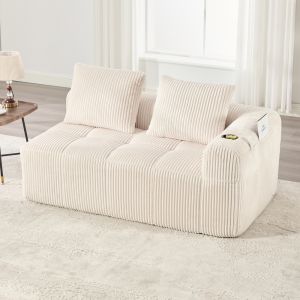 Sofá 2 plazas pana beige con bolsillos laterales y portavasos