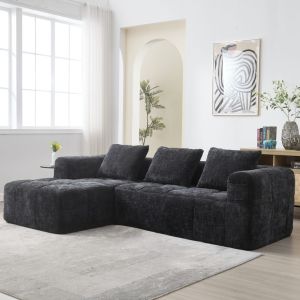 Sofá chaise longue en l modular chenilla negro 3 plazas con cojines