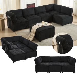 Sofá modular en u/l pana negro 6 plazas con bolsillos y función cama