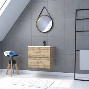 Mueble suspendido 60 cm roble + lavabo blanco + espejo barbero