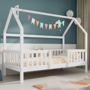 Cama infantil 90x200 cm casita de madera con techo y chimenea, blanca