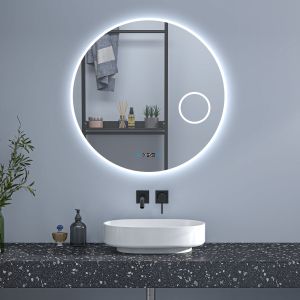 Espejo de baño redondo 80×80cm + reloj + lupa