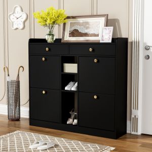 Zapatero para recibidor 4 puertas abatibles 2 cajones negro 100x110x26cm