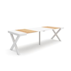 Mesa extensible, 58/262x90x73cm, roble y blanco, patas madera maciza rf2814