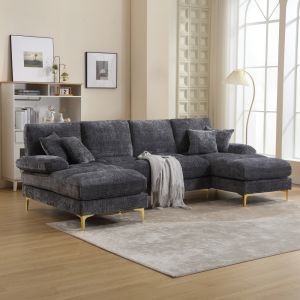Sofá en u chenilla gris 5 plazas con 2 chaise longue y cojines