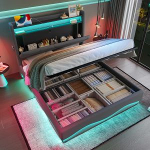 Cama 140x200 con LED y usb-c, cabecero con estantes y canapé