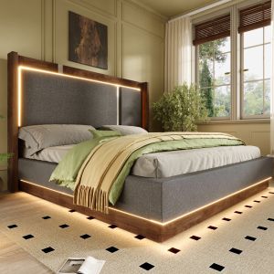 Cama tapizada 160x200 cm con LED y canapé de lino y madera – gris y nogal