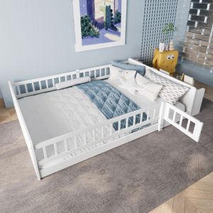 Cama doble 140x190cm con almacenaje y barandilla pino y mdf – blanco