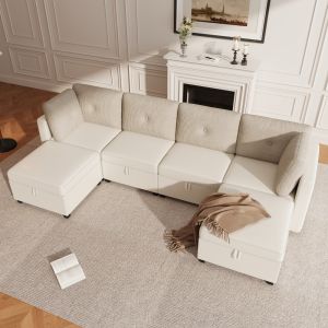 Sofá modular en u beige 6 plazas con almacenaje y configuración flexible