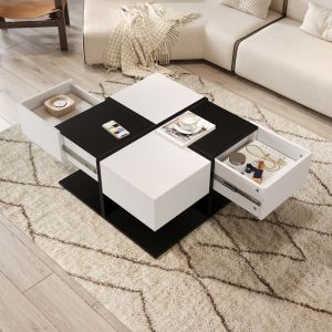 Mesa de centro cuadrada con 2 cajones blanco y negro 35,5x70x70cm