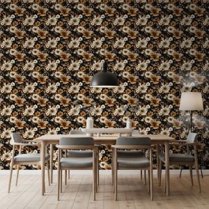 Papel floral diseño elegante flores beige y oro fondo negro 60cm por 300cm