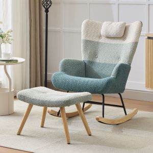 Mecedora bouclé multicolor con reposapiés y bolsillo lateral